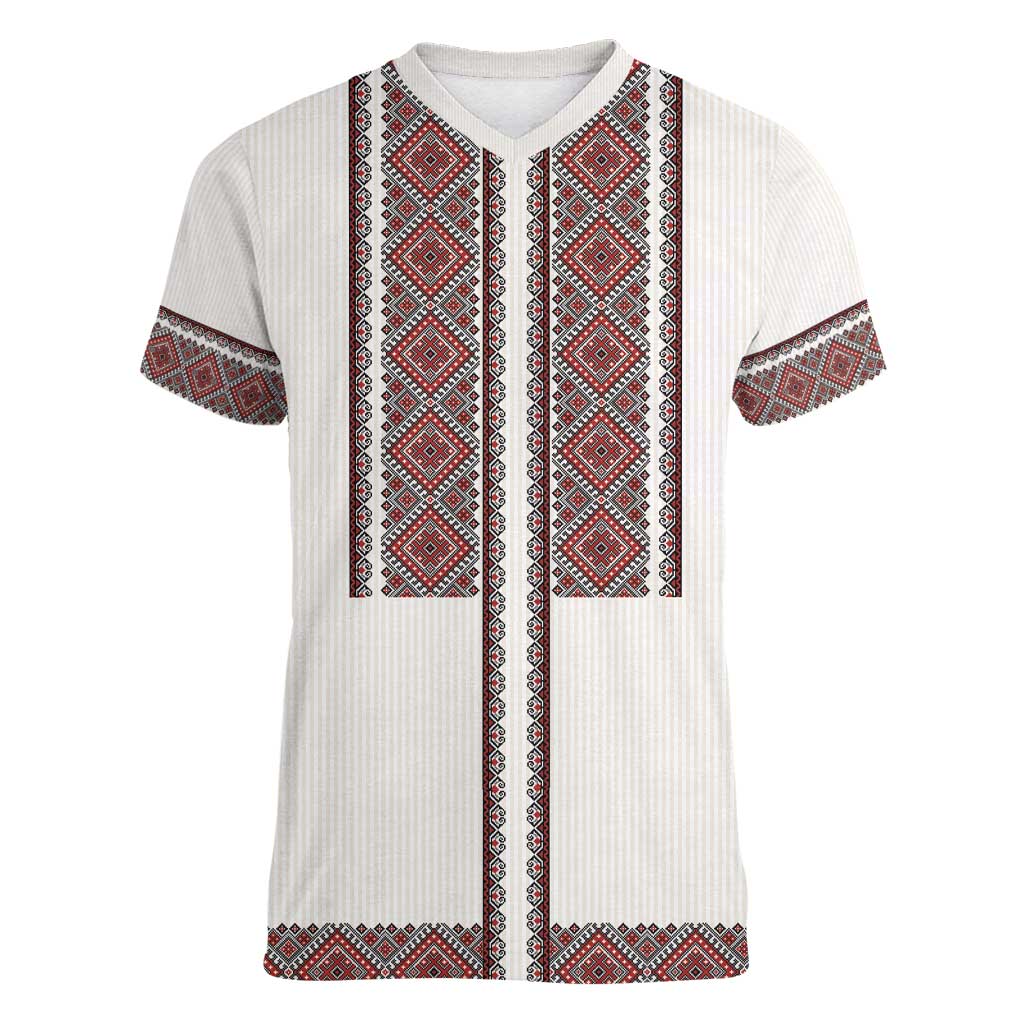 Ukraine Vyshyvanka Day Women V-Neck T-Shirt Ukrainian Folk Seamless