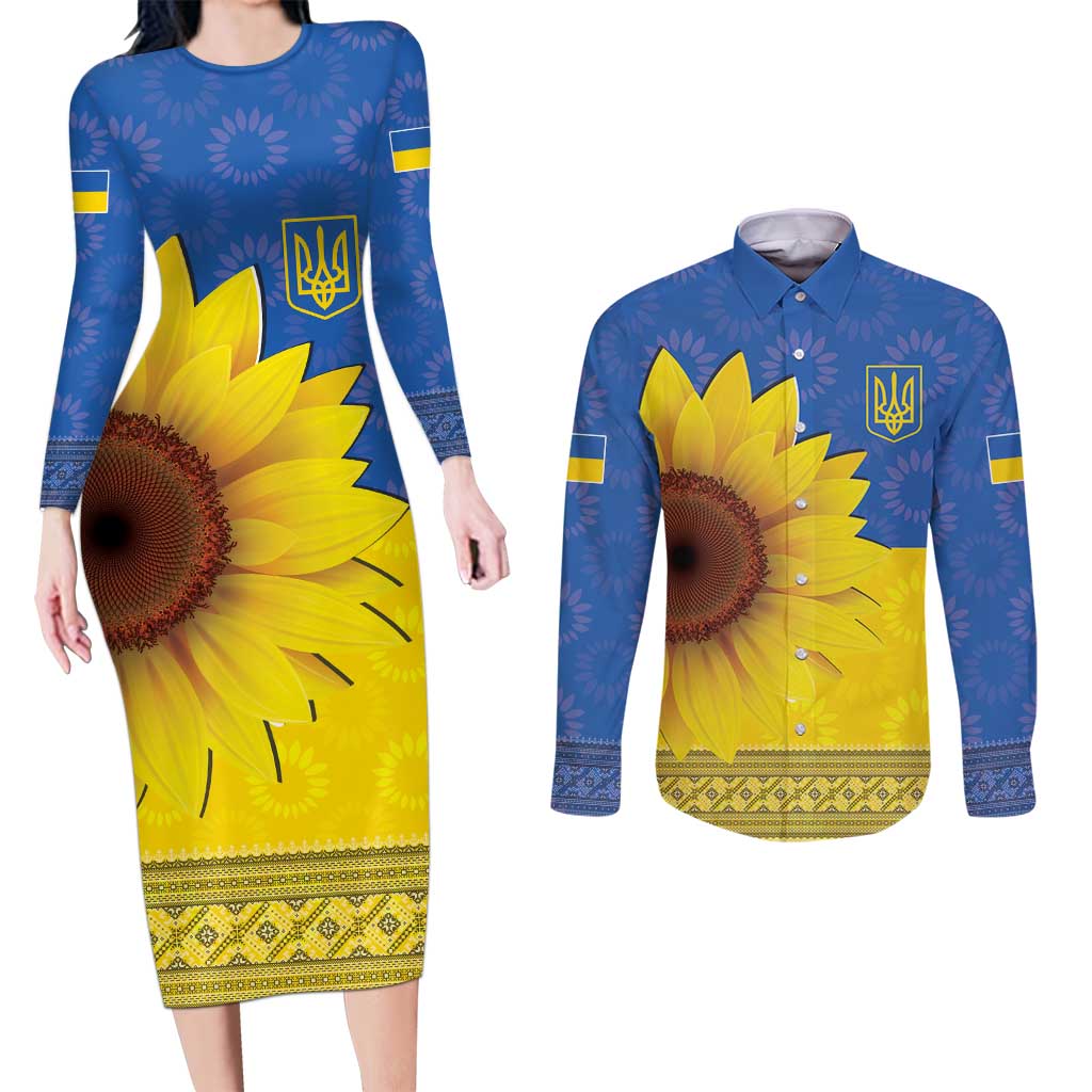 Ukraine National Flag Day Couples Matching Long Sleeve Bodycon Dress and Long Sleeve Button Shirt 23 August with Sunflower