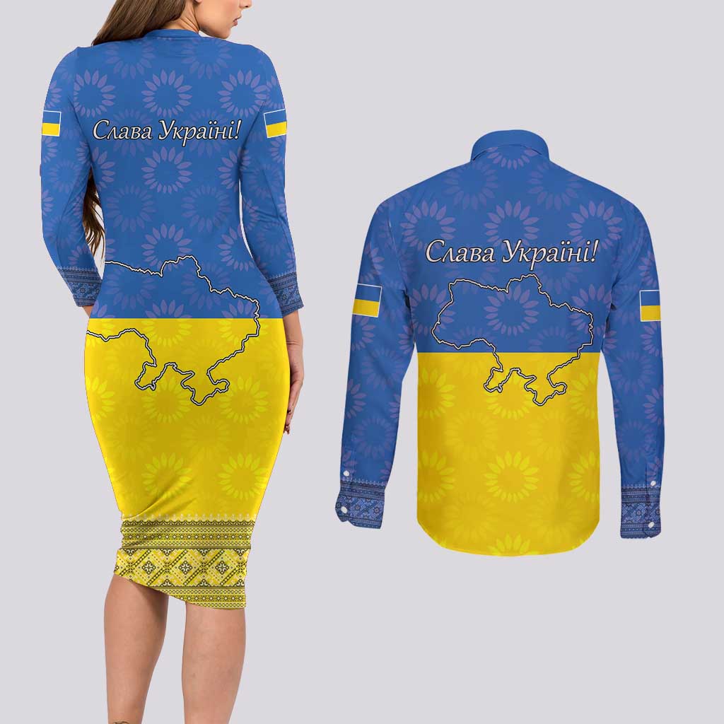 Ukraine National Flag Day Couples Matching Long Sleeve Bodycon Dress and Long Sleeve Button Shirt 23 August with Sunflower