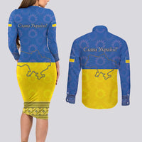 Ukraine National Flag Day Couples Matching Long Sleeve Bodycon Dress and Long Sleeve Button Shirt 23 August with Sunflower