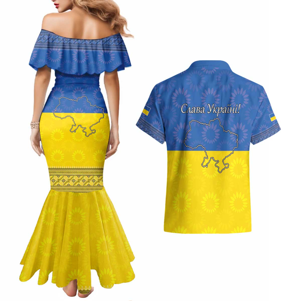 Ukraine National Flag Day Couples Matching Mermaid Dress and Hawaiian Shirt 23 August with Sunflower