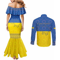 Ukraine National Flag Day Couples Matching Mermaid Dress and Long Sleeve Button Shirt 23 August with Sunflower