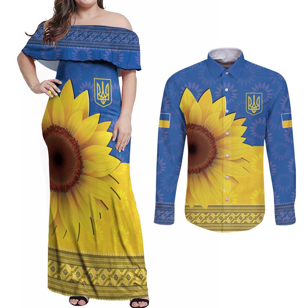 Ukraine National Flag Day Couples Matching Off Shoulder Maxi Dress and Long Sleeve Button Shirt 23 August with Sunflower