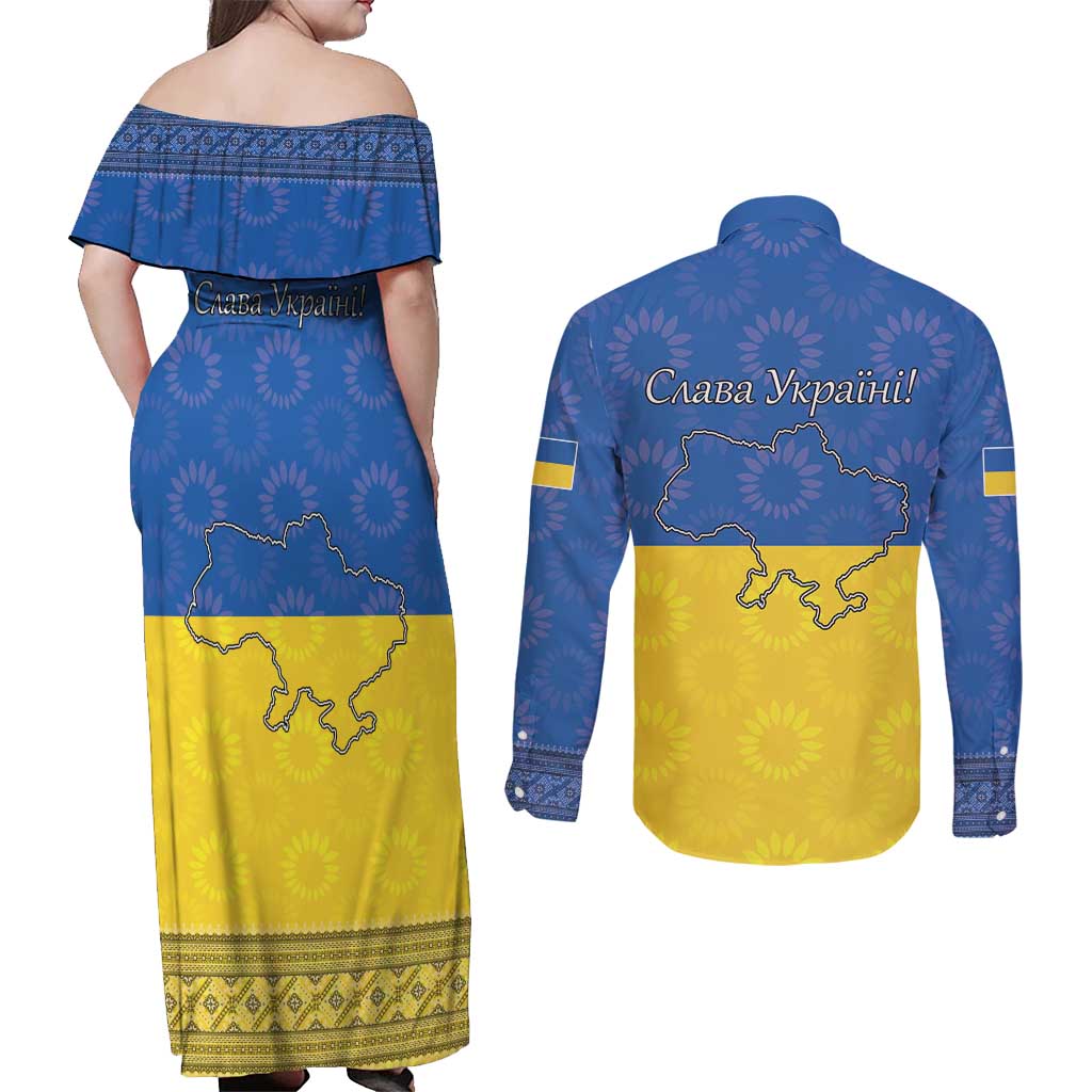 Ukraine National Flag Day Couples Matching Off Shoulder Maxi Dress and Long Sleeve Button Shirt 23 August with Sunflower