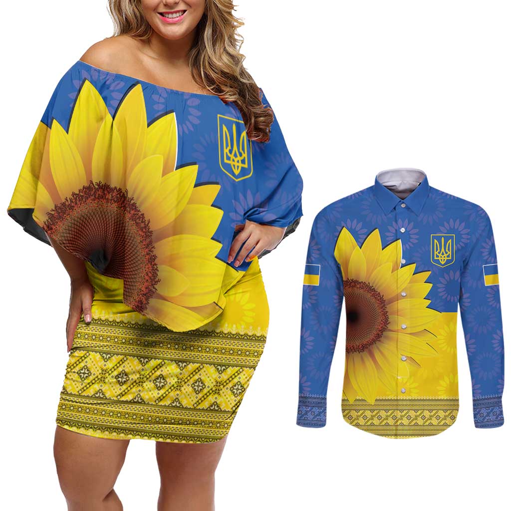 Ukraine National Flag Day Couples Matching Off Shoulder Short Dress and Long Sleeve Button Shirt 23 August with Sunflower