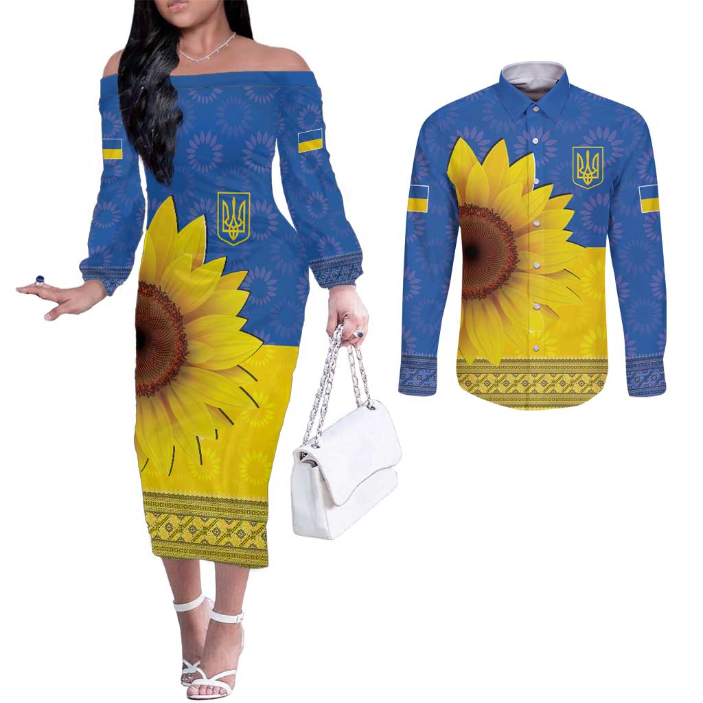 Ukraine National Flag Day Couples Matching Off The Shoulder Long Sleeve Dress and Long Sleeve Button Shirt 23 August with Sunflower
