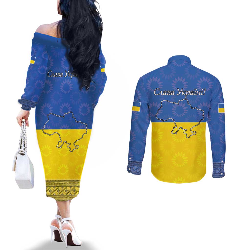 Ukraine National Flag Day Couples Matching Off The Shoulder Long Sleeve Dress and Long Sleeve Button Shirt 23 August with Sunflower