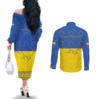 Ukraine National Flag Day Couples Matching Off The Shoulder Long Sleeve Dress and Long Sleeve Button Shirt 23 August with Sunflower