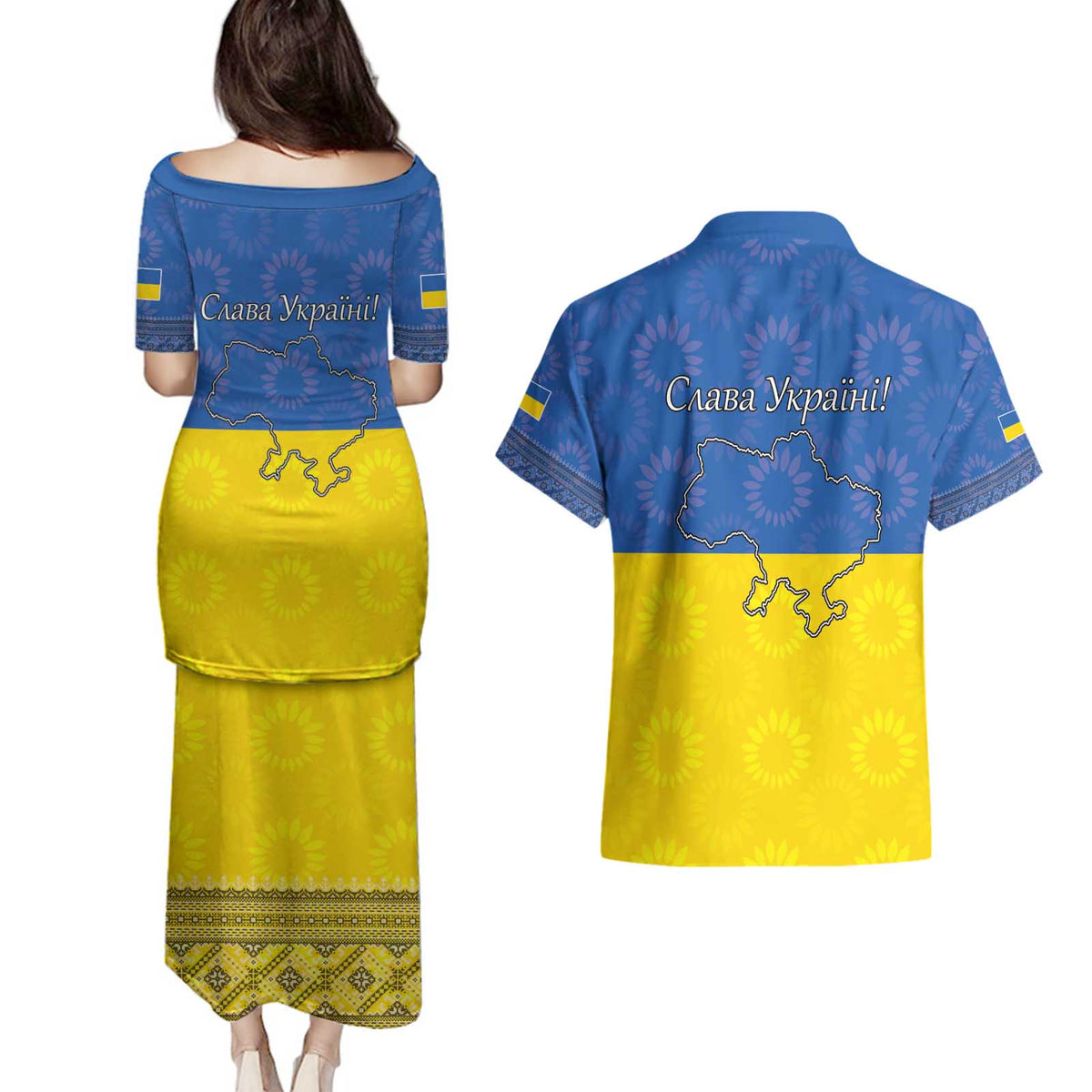 Ukraine National Flag Day Couples Matching Puletasi and Hawaiian Shirt 23 August with Sunflower