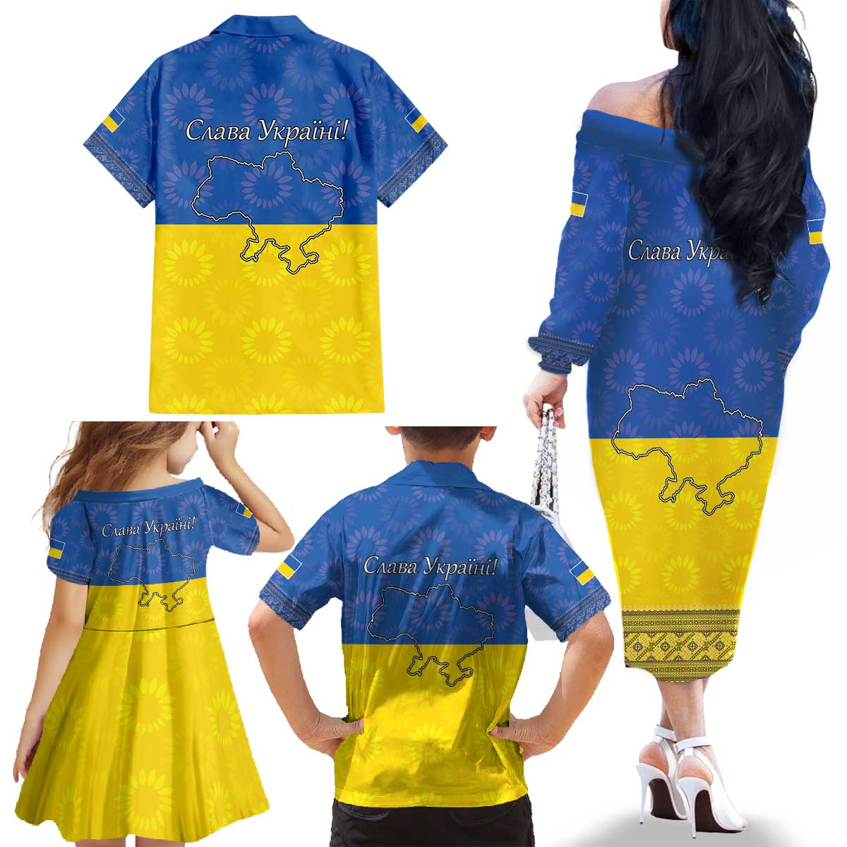 Ukraine National Flag Day Family Matching Off The Shoulder Long Sleeve Dress and Hawaiian Shirt 23 August with Sunflower
