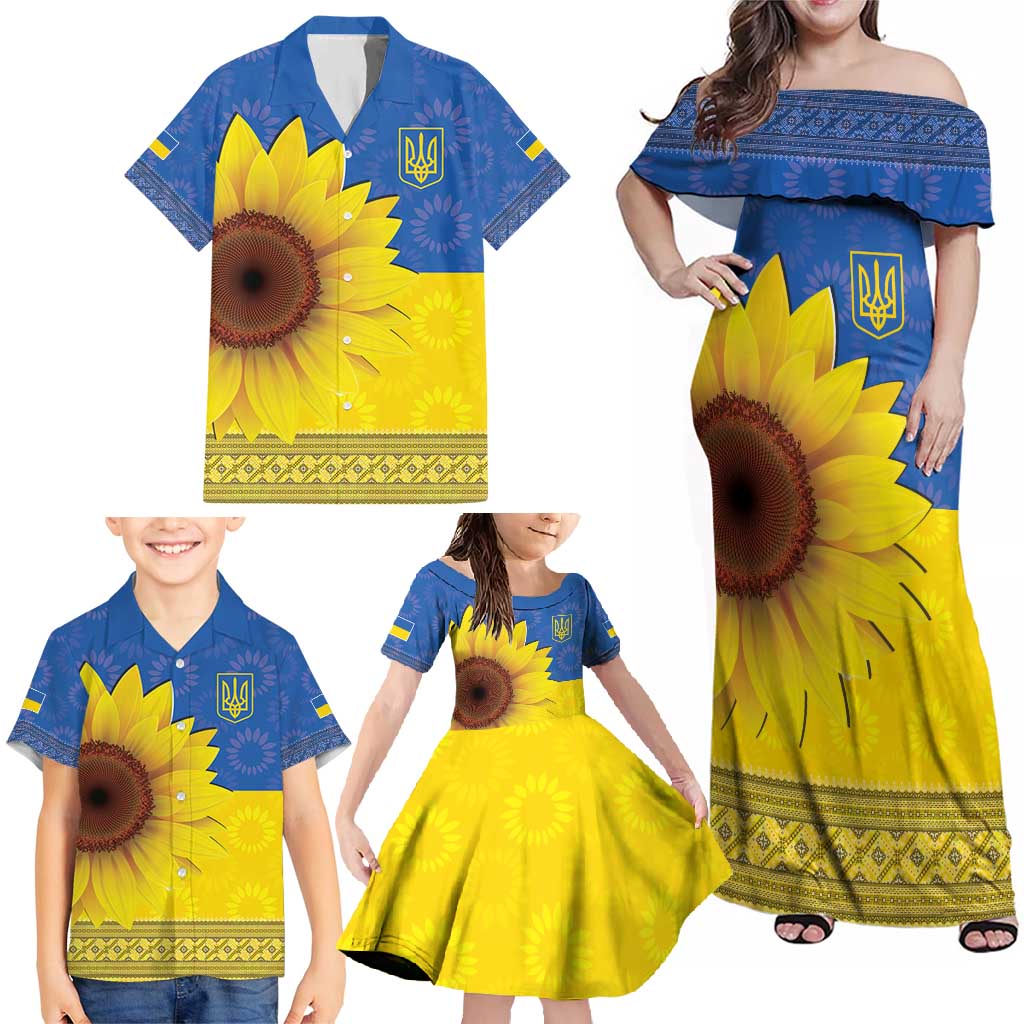Ukraine National Flag Day Family Matching Off Shoulder Maxi Dress and Hawaiian Shirt 23 August with Sunflower