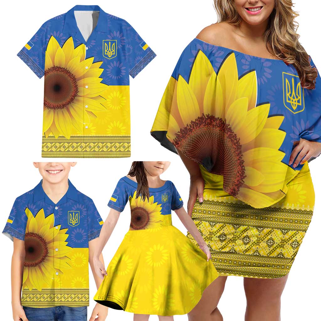 Ukraine National Flag Day Family Matching Off Shoulder Short Dress and Hawaiian Shirt 23 August with Sunflower