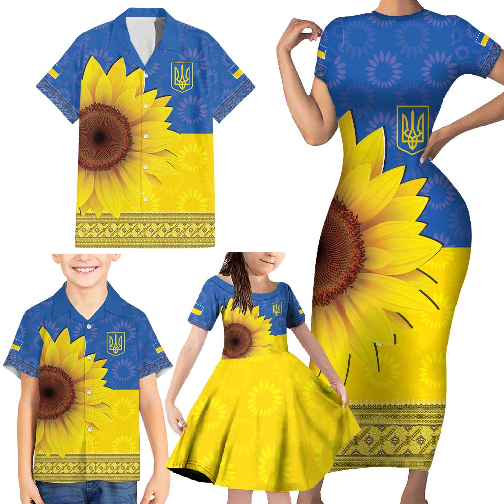 Ukraine National Flag Day Family Matching Short Sleeve Bodycon Dress and Hawaiian Shirt 23 August with Sunflower