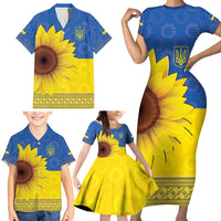 Ukraine National Flag Day Family Matching Short Sleeve Bodycon Dress and Hawaiian Shirt 23 August with Sunflower