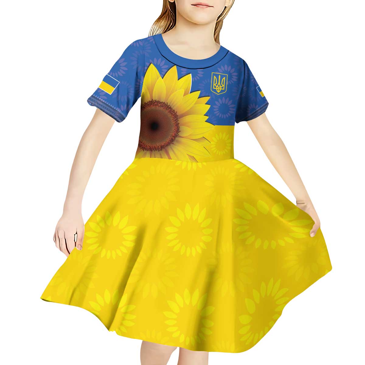 Ukraine National Flag Day Kid Short Sleeve Dress 23 August with Sunflower