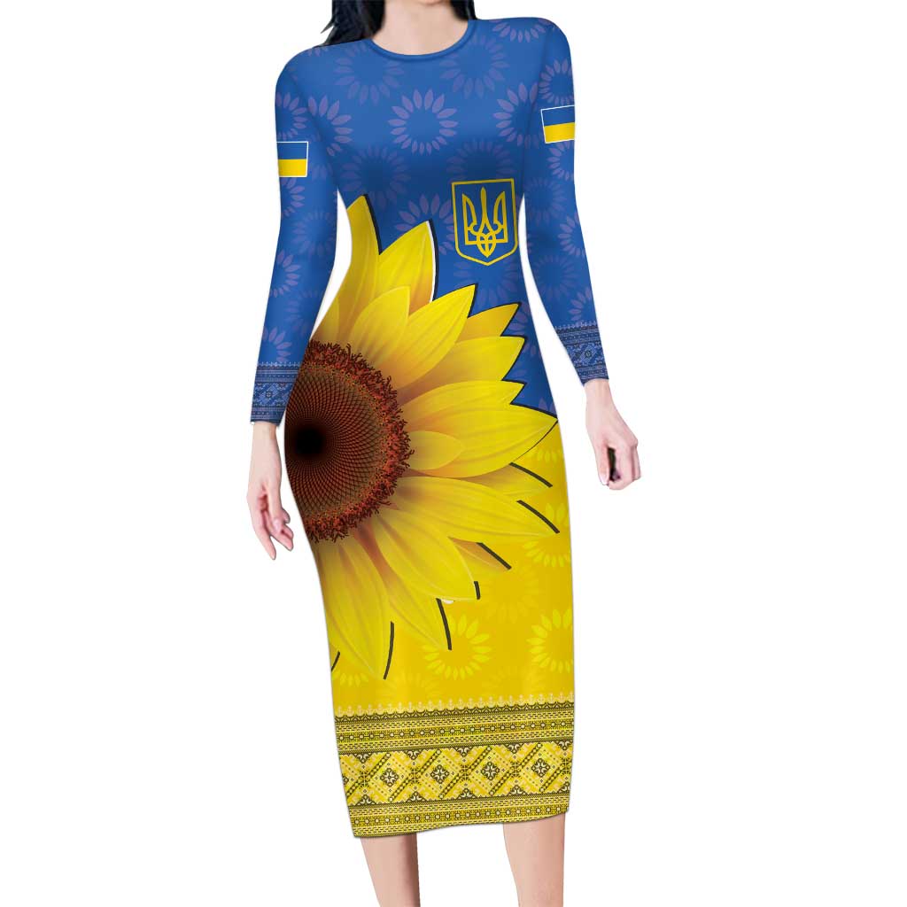 Ukraine National Flag Day Long Sleeve Bodycon Dress 23 August with Sunflower