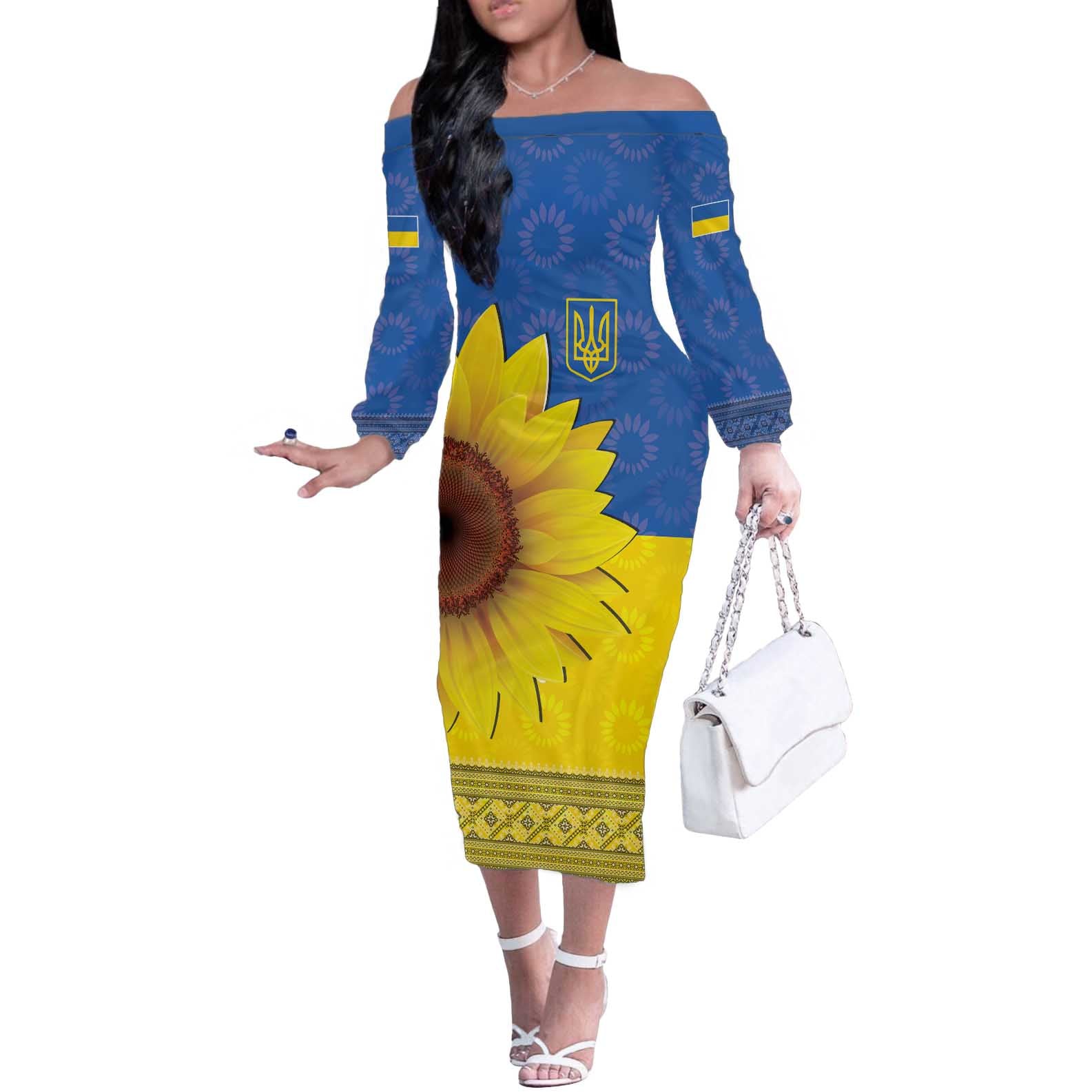Ukraine National Flag Day Off The Shoulder Long Sleeve Dress 23 August with Sunflower