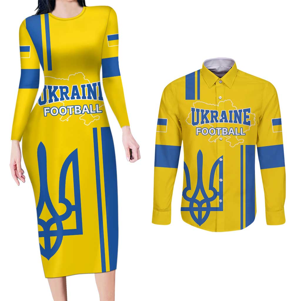 Custom Ukraine Football Couples Matching Long Sleeve Bodycon Dress and Long Sleeve Button Shirt Yellow Style