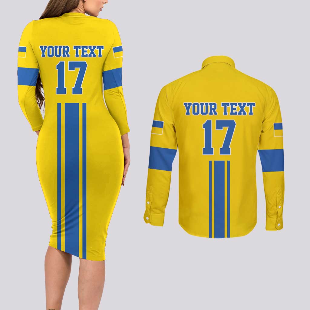 Custom Ukraine Football Couples Matching Long Sleeve Bodycon Dress and Long Sleeve Button Shirt Yellow Style