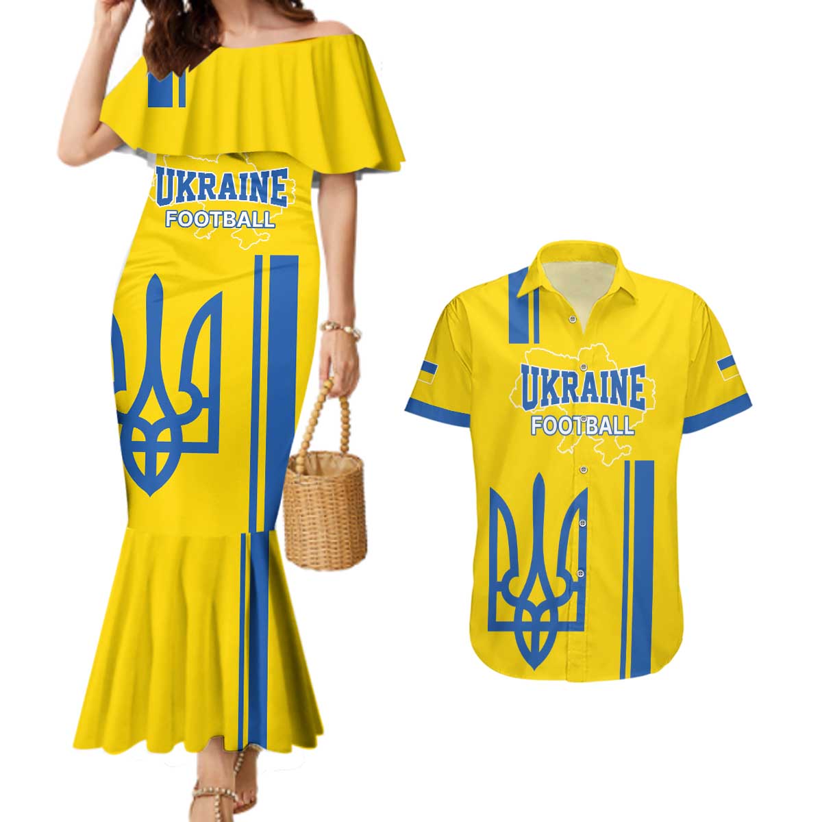 Custom Ukraine Football Couples Matching Mermaid Dress and Hawaiian Shirt Yellow Style