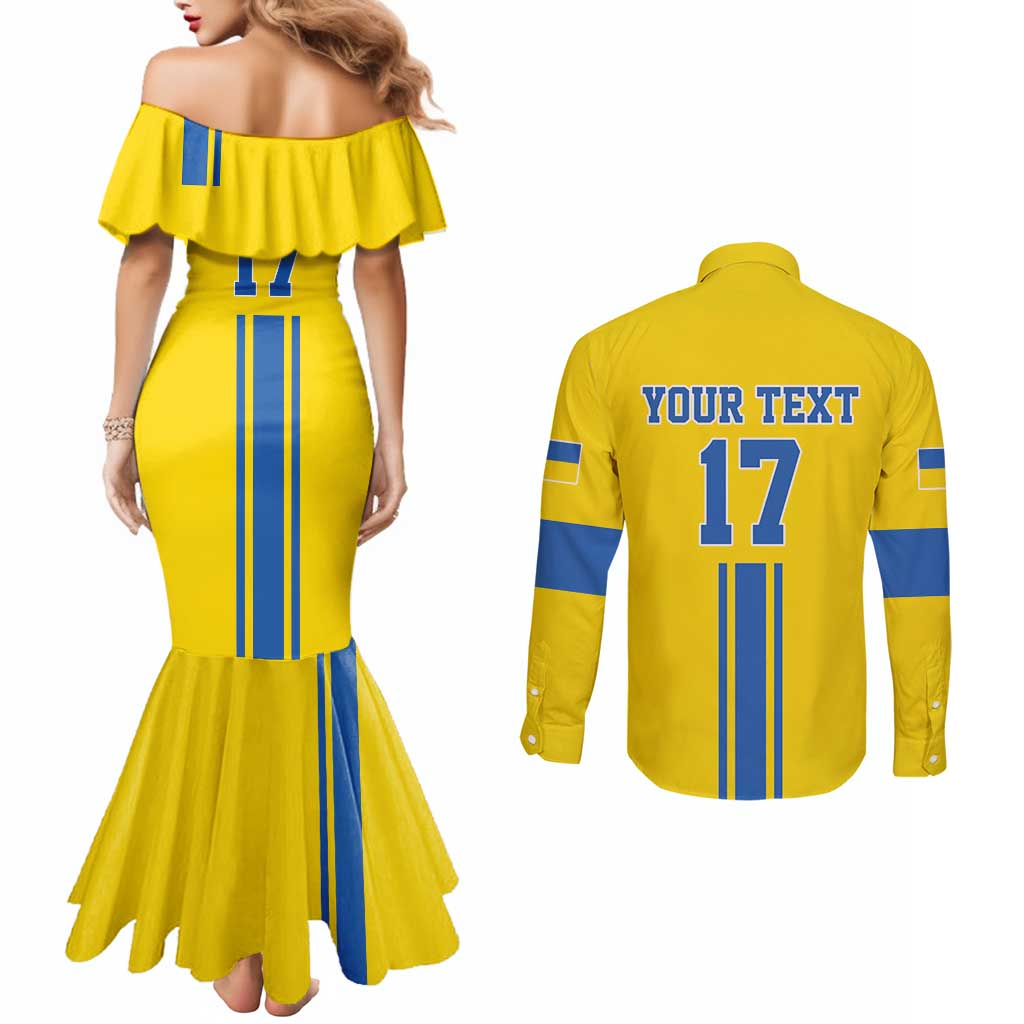 Custom Ukraine Football Couples Matching Mermaid Dress and Long Sleeve Button Shirt Yellow Style