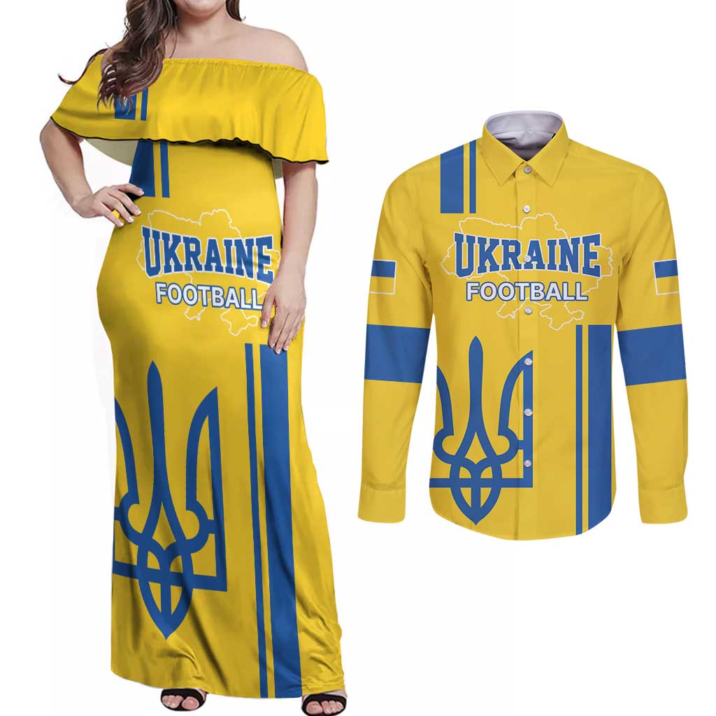 Custom Ukraine Football Couples Matching Off Shoulder Maxi Dress and Long Sleeve Button Shirt Yellow Style