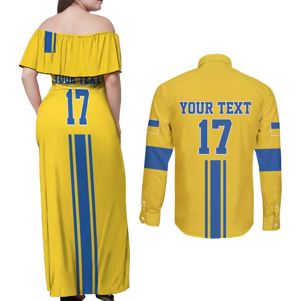 Custom Ukraine Football Couples Matching Off Shoulder Maxi Dress and Long Sleeve Button Shirt Yellow Style