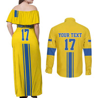 Custom Ukraine Football Couples Matching Off Shoulder Maxi Dress and Long Sleeve Button Shirt Yellow Style