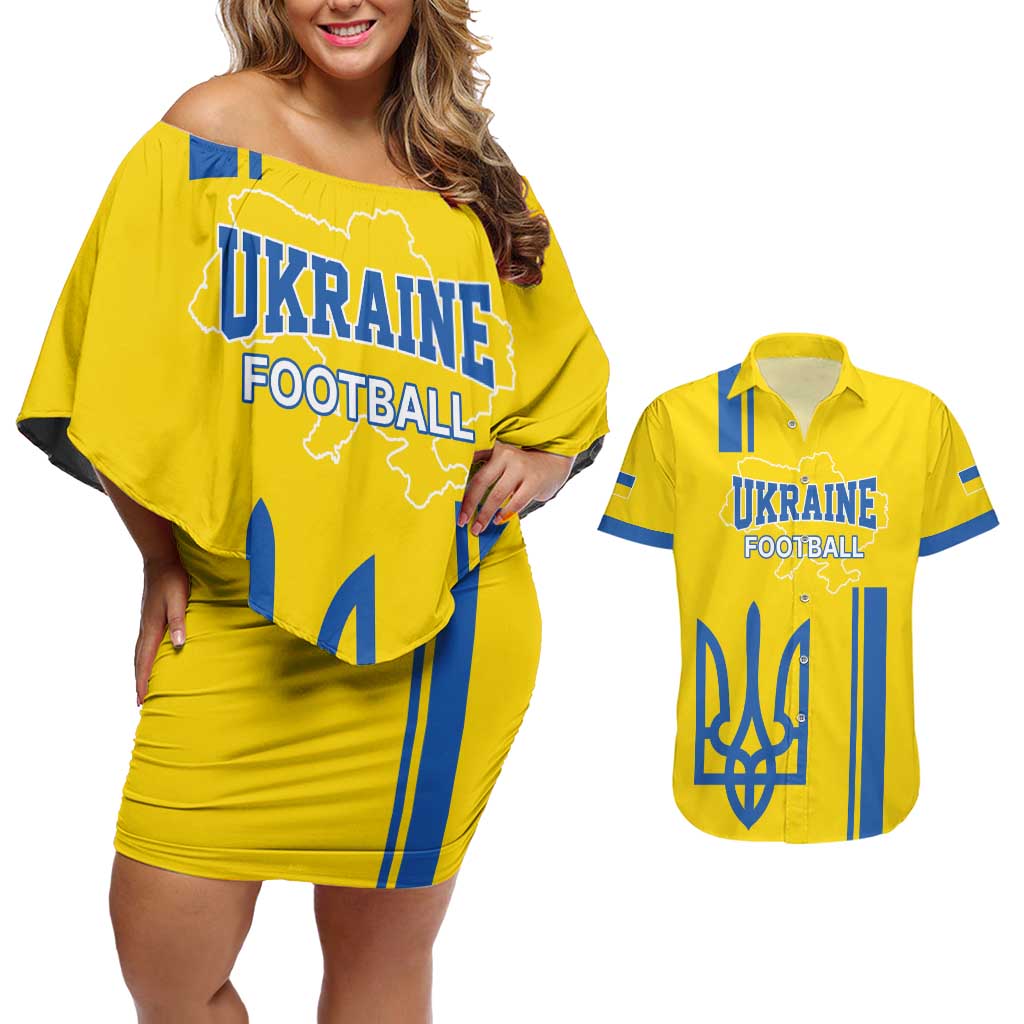Custom Ukraine Football Couples Matching Off Shoulder Short Dress and Hawaiian Shirt Yellow Style