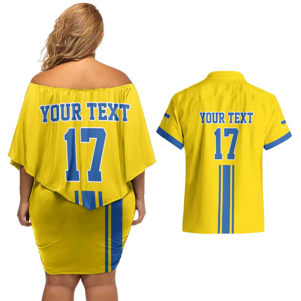Custom Ukraine Football Couples Matching Off Shoulder Short Dress and Hawaiian Shirt Yellow Style