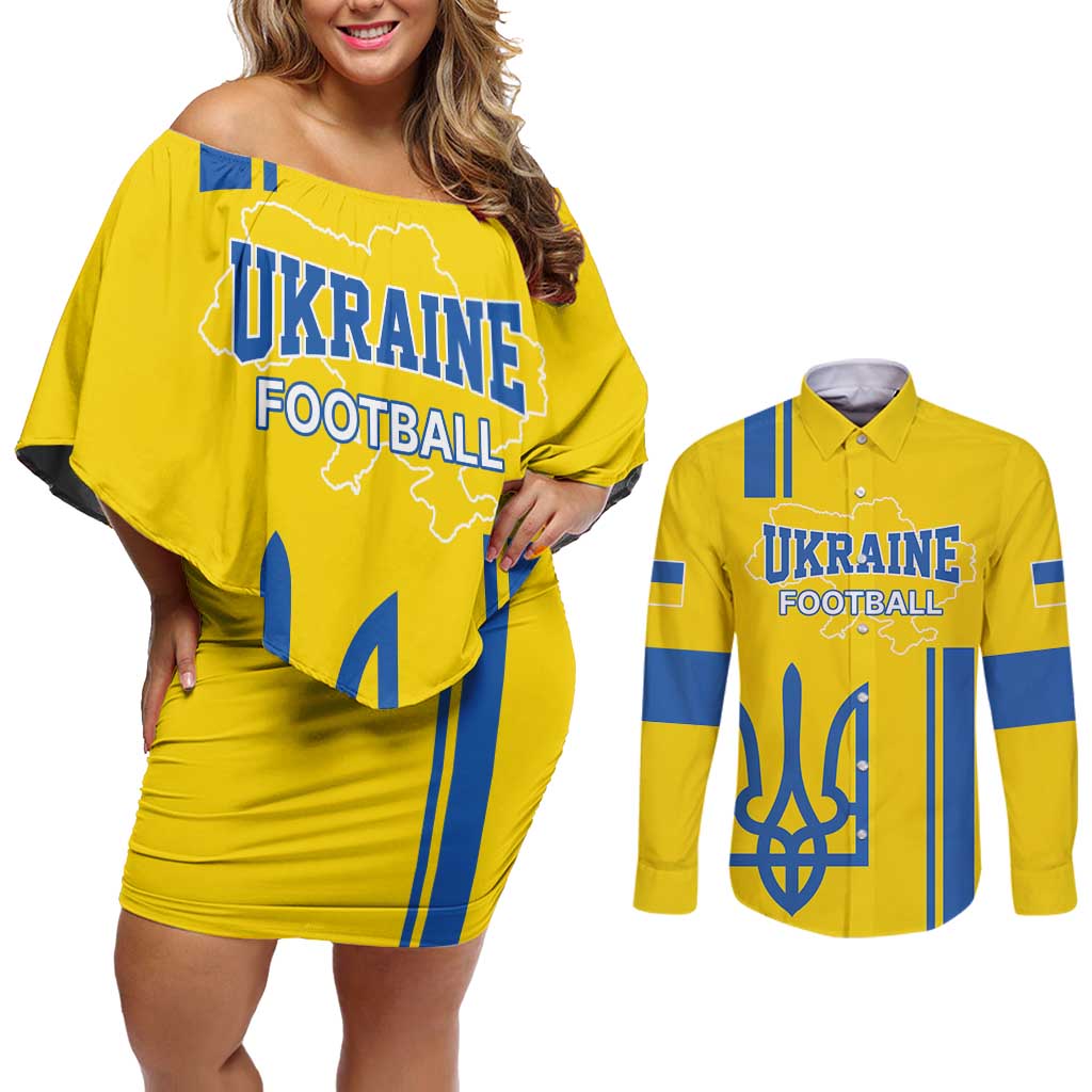 Custom Ukraine Football Couples Matching Off Shoulder Short Dress and Long Sleeve Button Shirt Yellow Style