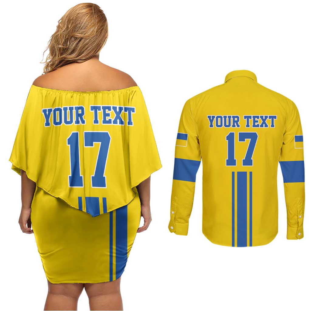 Custom Ukraine Football Couples Matching Off Shoulder Short Dress and Long Sleeve Button Shirt Yellow Style