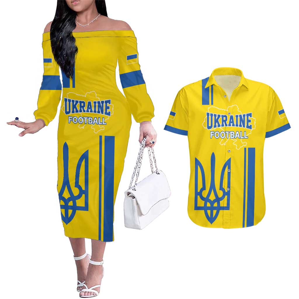 Custom Ukraine Football Couples Matching Off The Shoulder Long Sleeve Dress and Hawaiian Shirt Yellow Style