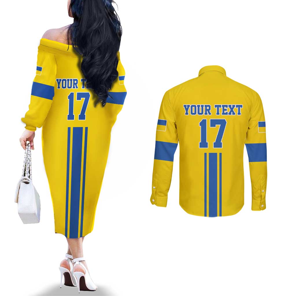 Custom Ukraine Football Couples Matching Off The Shoulder Long Sleeve Dress and Long Sleeve Button Shirt Yellow Style