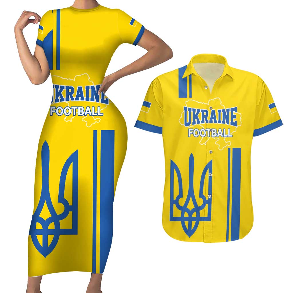 Custom Ukraine Football Couples Matching Short Sleeve Bodycon Dress and Hawaiian Shirt Yellow Style