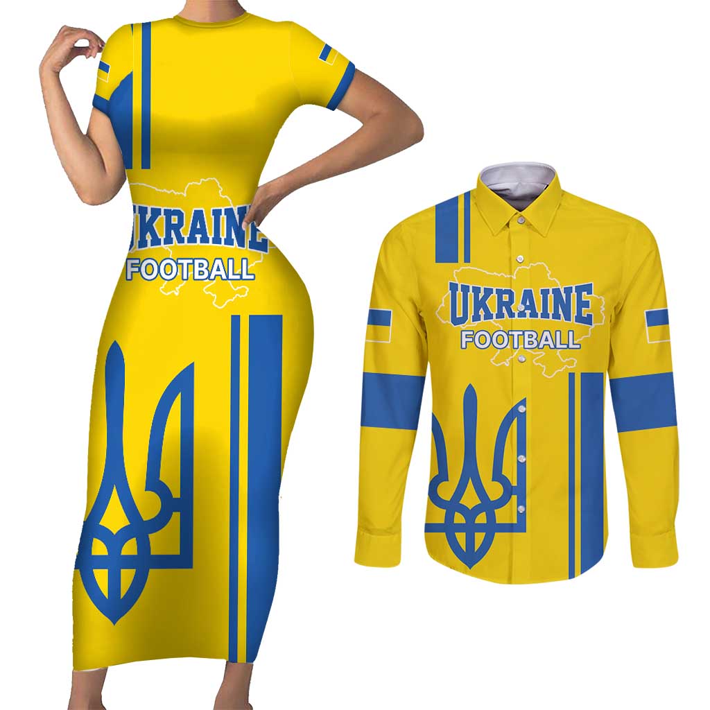 Custom Ukraine Football Couples Matching Short Sleeve Bodycon Dress and Long Sleeve Button Shirt Yellow Style
