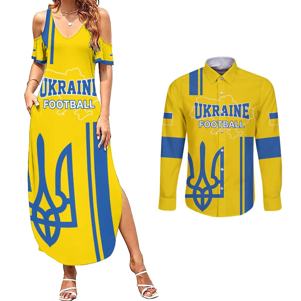 Custom Ukraine Football Couples Matching Summer Maxi Dress and Long Sleeve Button Shirt Yellow Style