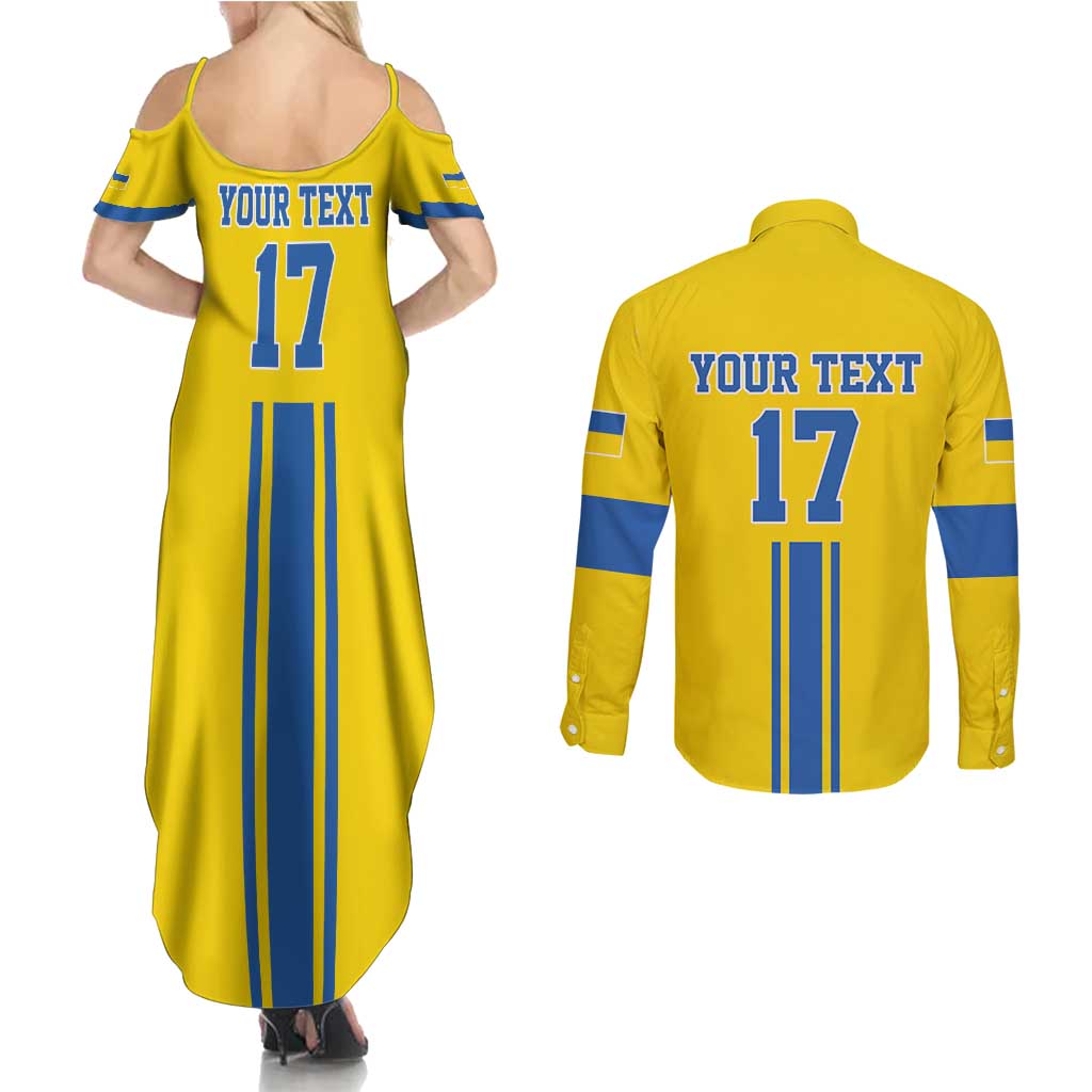 Custom Ukraine Football Couples Matching Summer Maxi Dress and Long Sleeve Button Shirt Yellow Style