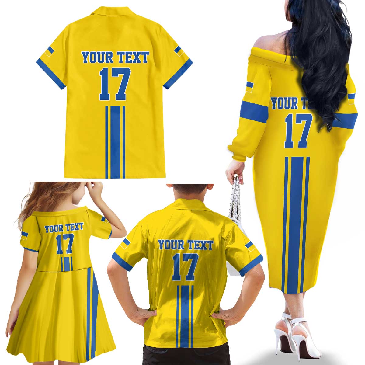Custom Ukraine Football Family Matching Off The Shoulder Long Sleeve Dress and Hawaiian Shirt Yellow Style