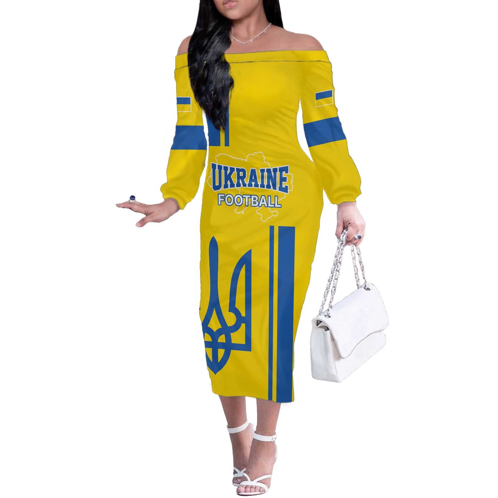 Custom Ukraine Football Off The Shoulder Long Sleeve Dress Yellow Style