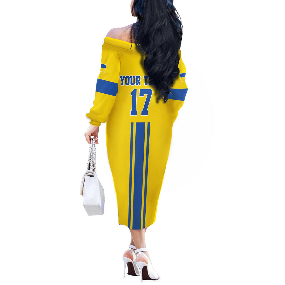 Custom Ukraine Football Off The Shoulder Long Sleeve Dress Yellow Style