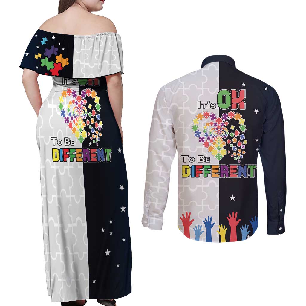 Personalized World Autism Awareness Day Couples Matching Off Shoulder Maxi Dress and Long Sleeve Button Shirt 2th April