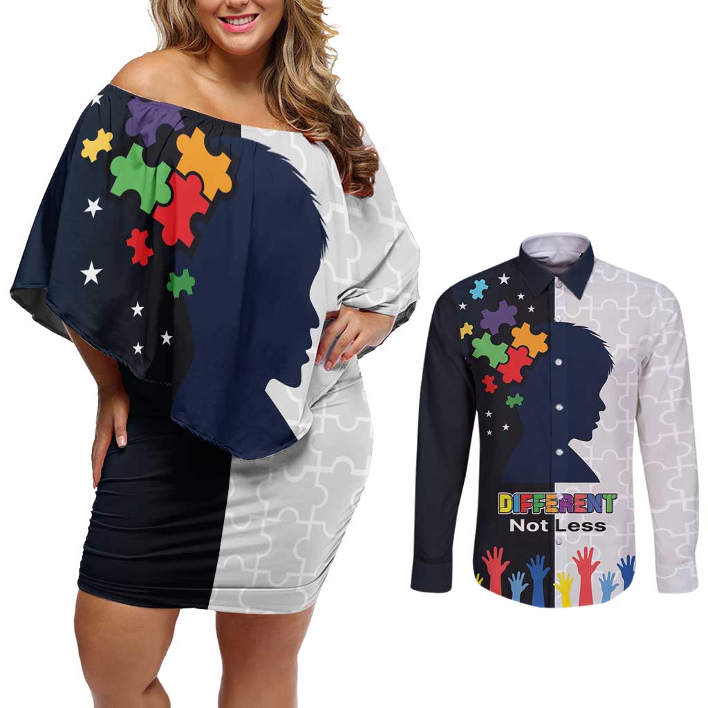 Personalized World Autism Awareness Day Couples Matching Off Shoulder Short Dress and Long Sleeve Button Shirt 2th April
