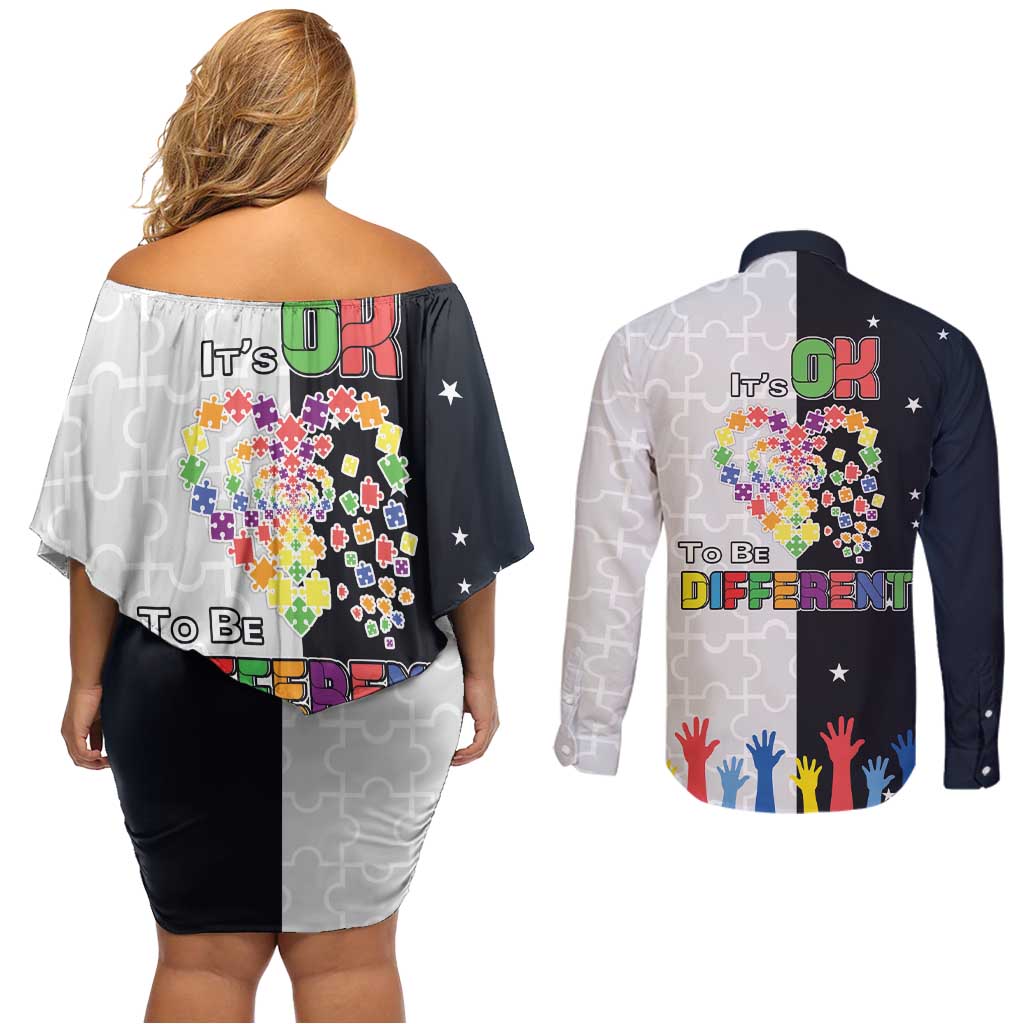 Personalized World Autism Awareness Day Couples Matching Off Shoulder Short Dress and Long Sleeve Button Shirt 2th April