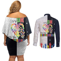 Personalized World Autism Awareness Day Couples Matching Off Shoulder Short Dress and Long Sleeve Button Shirt 2th April