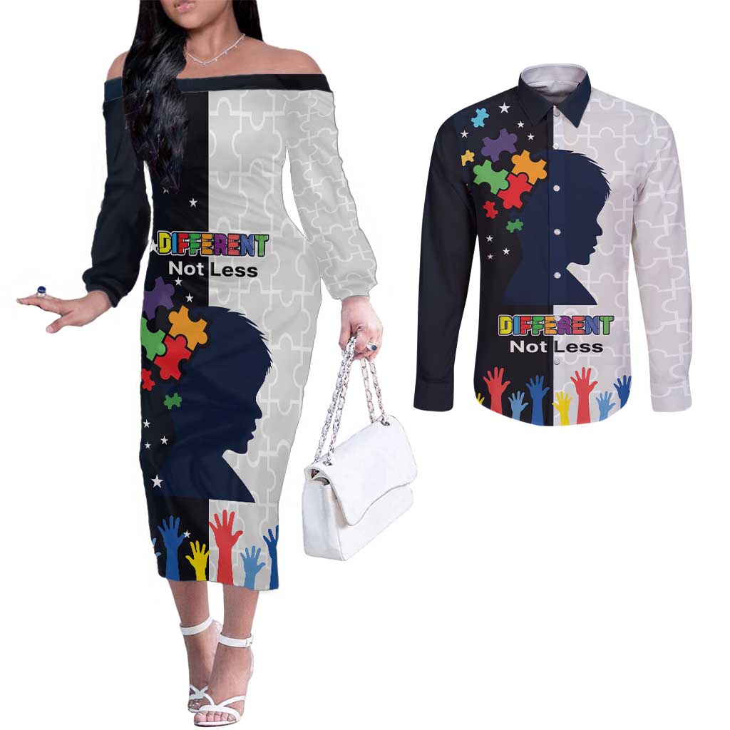 Personalized World Autism Awareness Day Couples Matching Off The Shoulder Long Sleeve Dress and Long Sleeve Button Shirt 2th April
