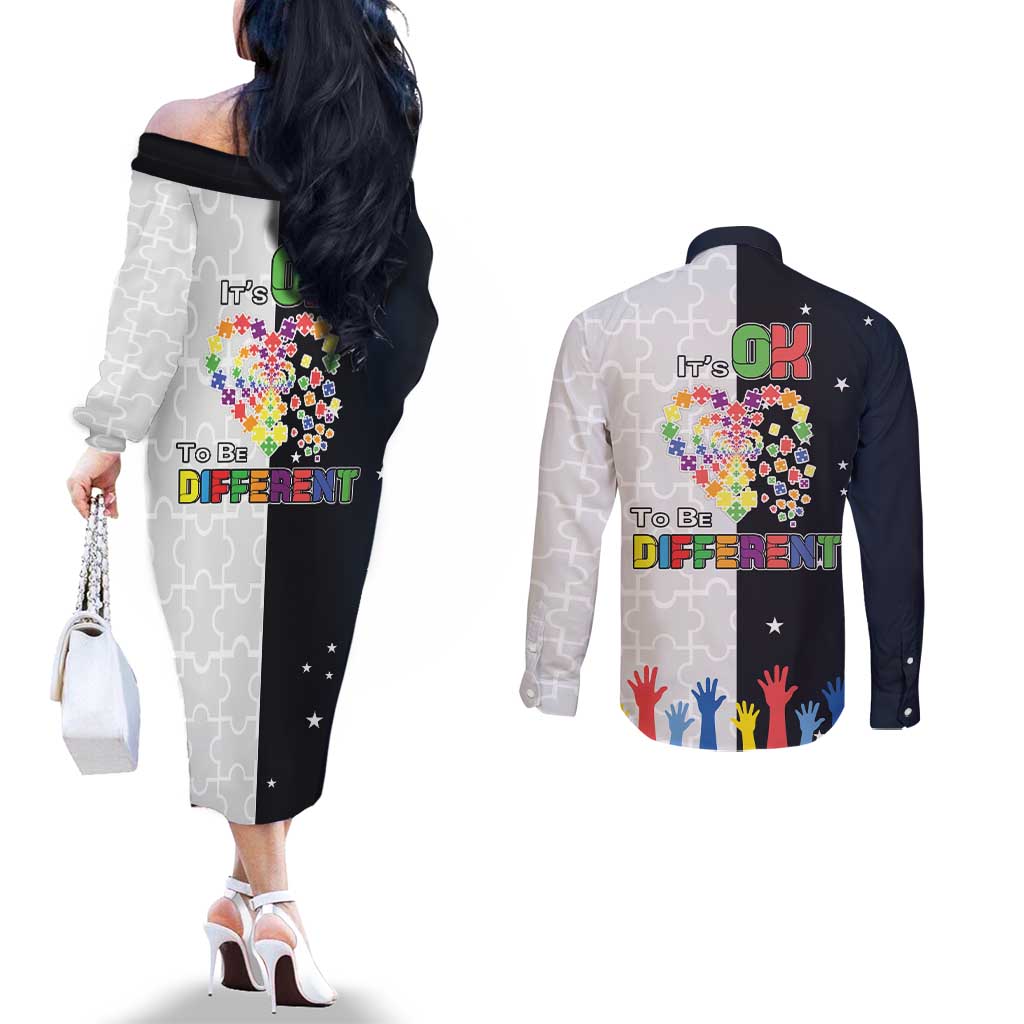 Personalized World Autism Awareness Day Couples Matching Off The Shoulder Long Sleeve Dress and Long Sleeve Button Shirt 2th April