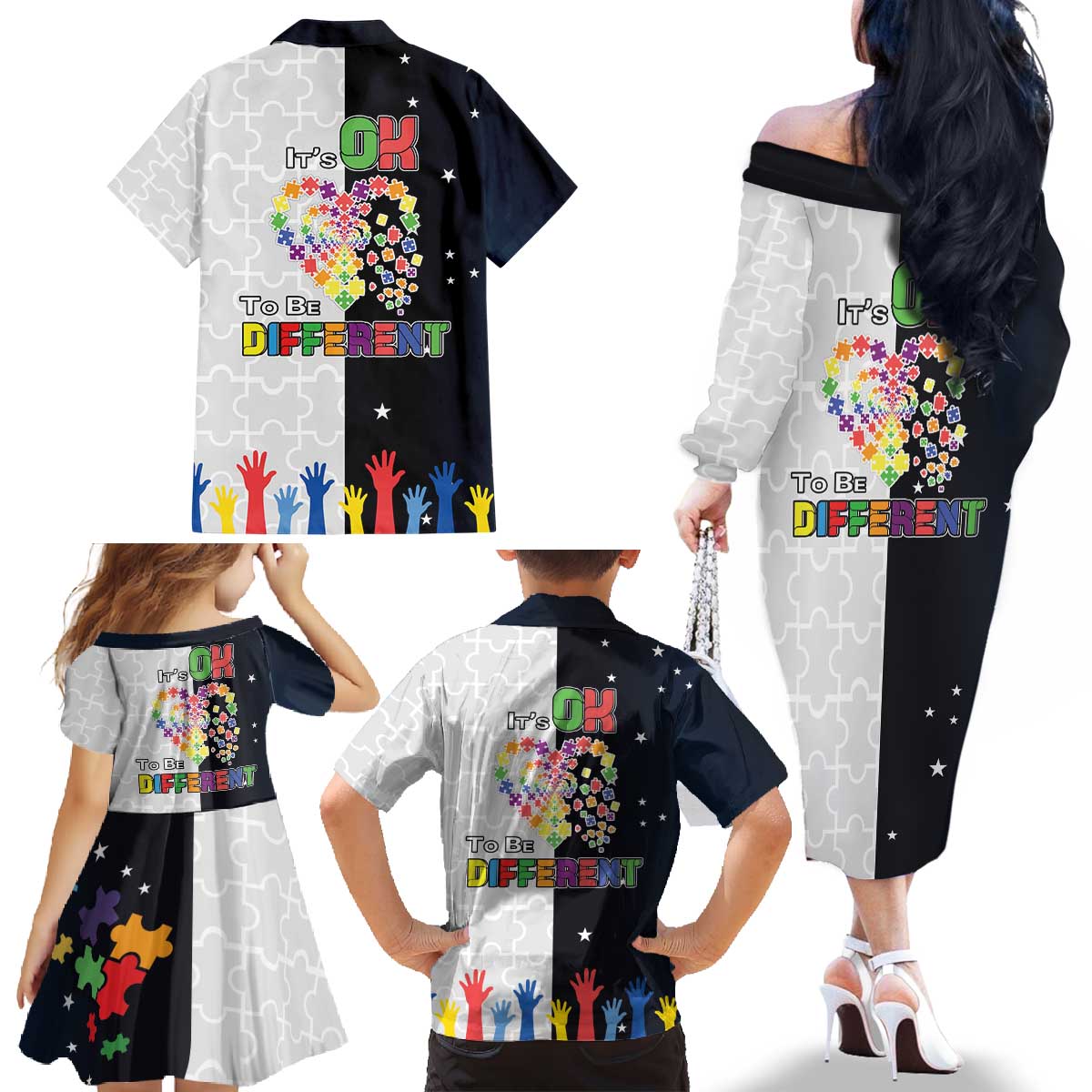 Personalized World Autism Awareness Day Family Matching Off The Shoulder Long Sleeve Dress and Hawaiian Shirt 2th April