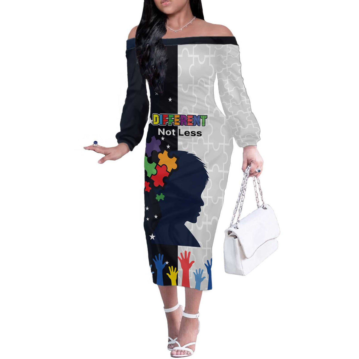 Personalized World Autism Awareness Day Off The Shoulder Long Sleeve Dress 2th April