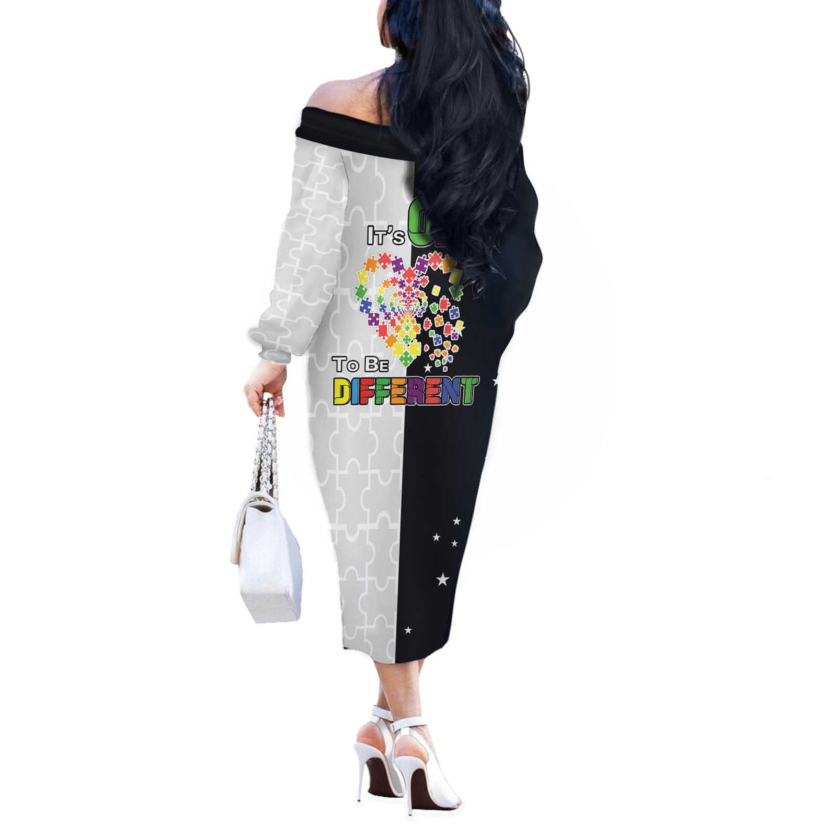 Personalized World Autism Awareness Day Off The Shoulder Long Sleeve Dress 2th April
